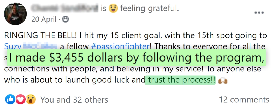 Screenshot from our community expressing success with passion.io